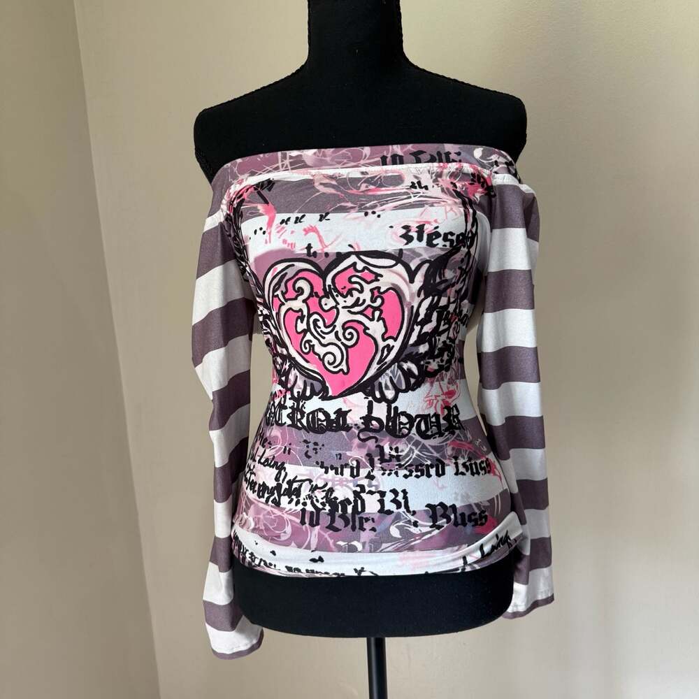 Women's Y2K Sweet Pink Angel Heart Print Striped Off-Shoulder Shirt